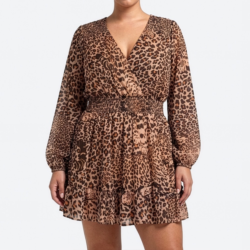 AQUA Leopard Mini Dress Brown Gold Metallic L 12 14 Smocked Waist Balloon Sleeve